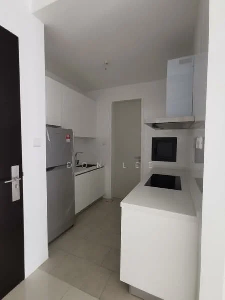 Kitchen features: white cabinetry, stainless-steel fridge, built-in oven, stainless-steel range hood, ceramic cooktop, white countertop, tile backsplash, recessed lighting, neutral tile flooring; style: modern.