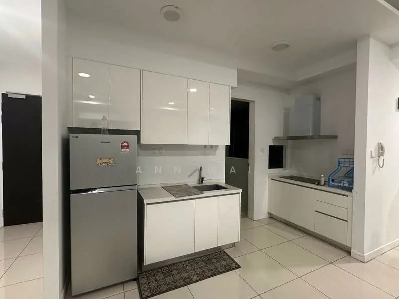 Kitchen features: white flat-panel cabinets, stainless-steel fridge, single-bowl stainless-steel sink, chrome pull-down faucet, white countertop, built-in oven, ceramic tile flooring, recessed downlights, grey backsplash, kitchen island, wall-mounted range hood; style: modern.