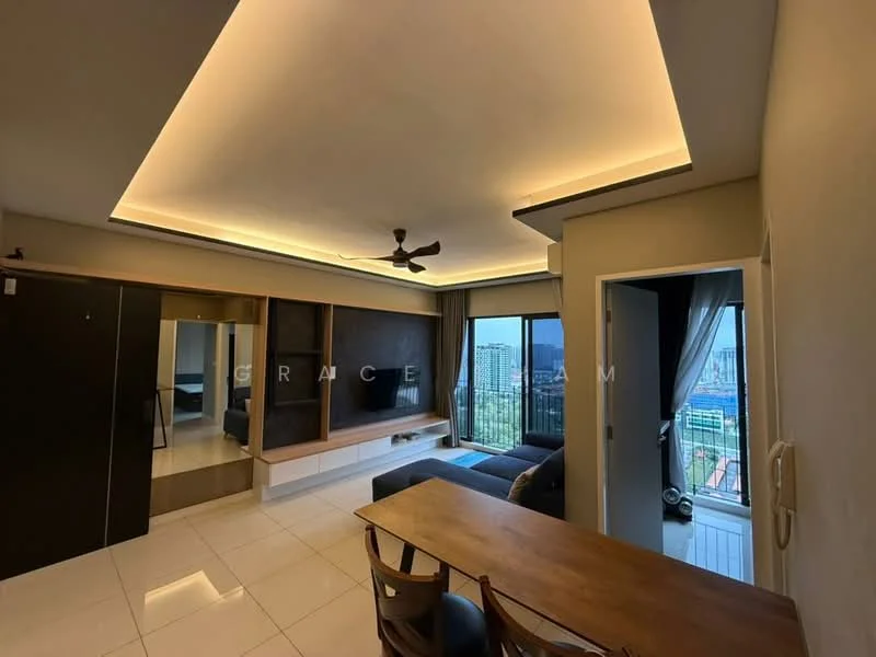 Living features: sofa in dark blue fabric, coffee table, wall-mounted TV, ceiling fan with light, recessed LED downlights, white tiled flooring, large floor-to-ceiling windows, city view, built-in shelving unit, dining table with wooden chairs, decorative wall paneling, curtains, open layout; style: modern; view: city.