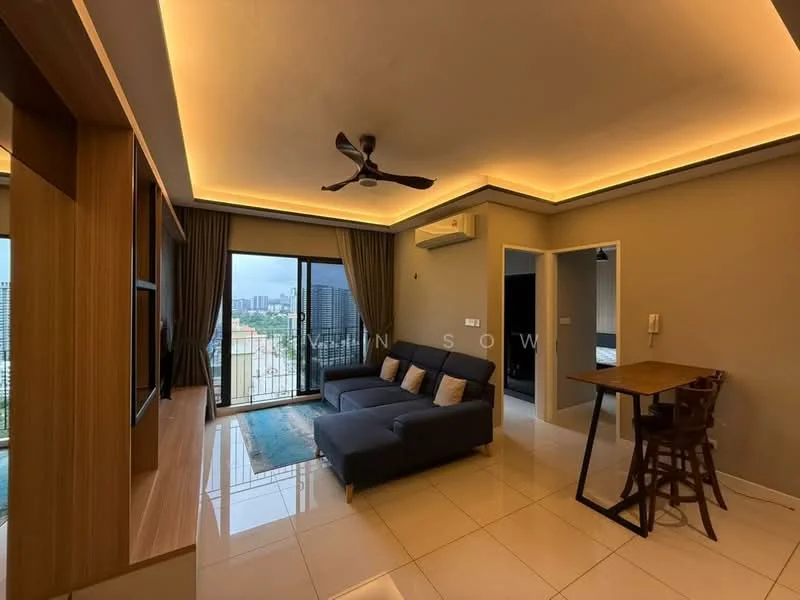 Living features: 3-seater fabric sofa in dark blue, ceiling fan with integrated LED light, wall-mounted TV, TV console, recessed lighting, floor-to-ceiling windows, curtains, white painted walls, glossy tile flooring, decorative area rug, wooden shelving unit, dining table with high chairs; style: modern; view: city.