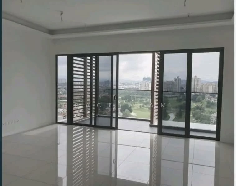 Room features: floor-to-ceiling windows, sliding glass door, white painted walls, polished ceramic tile flooring, recessed downlights, city view, open layout, natural light; style: modern; view: city.