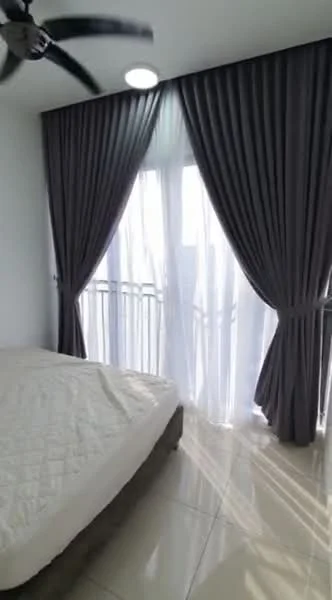 Bedroom features: queen-size bed, floor-to-ceiling windows, sheer curtains, blackout curtains, 5-blade ceiling fan, white painted walls, glossy tile flooring, balcony access; style: modern; view: city.