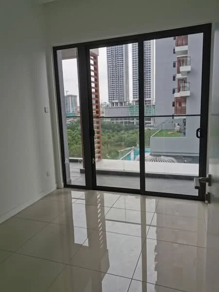Room features: large sliding glass door, floor-to-ceiling windows, white painted walls, glossy ceramic tile flooring, balcony view of city skyline, view of swimming pool, wooden slatted privacy screen, modern design; style: modern; view: city.