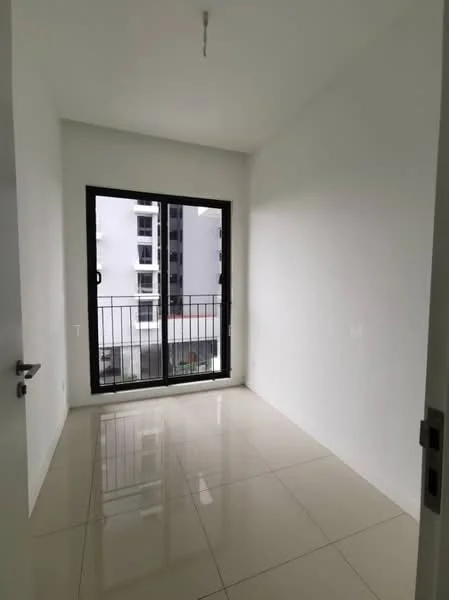 Room features: white painted walls, glossy tile flooring, floor-to-ceiling window, black metal railing, natural light from window, plain ceiling, single light fixture; style: modern.