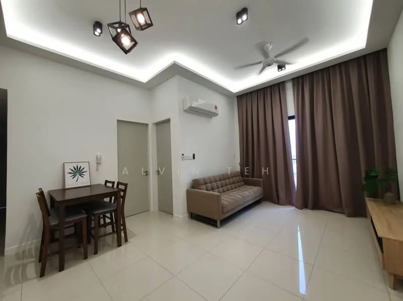 Living features: sofa in beige fabric, 3-seater sofa, wooden coffee table, dining table for 4, 4 dining chairs, ceiling fan, recessed LED downlights, floor-to-ceiling windows, curtains in brown, white painted walls, glossy tile flooring, air conditioning unit on wall; style: modern; view: city.