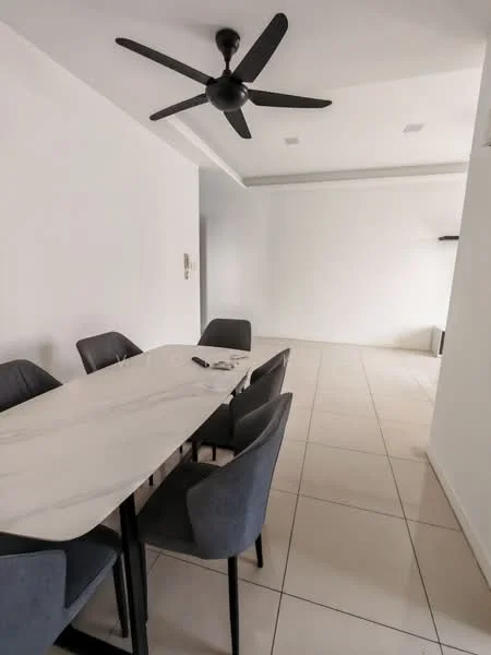 Dining features: marble dining table, 6 upholstered dining chairs in grey, white painted walls, tile flooring, 5-blade ceiling fan, recessed downlights, open space layout; style: modern. Room features: white painted walls, tile flooring, open space layout.