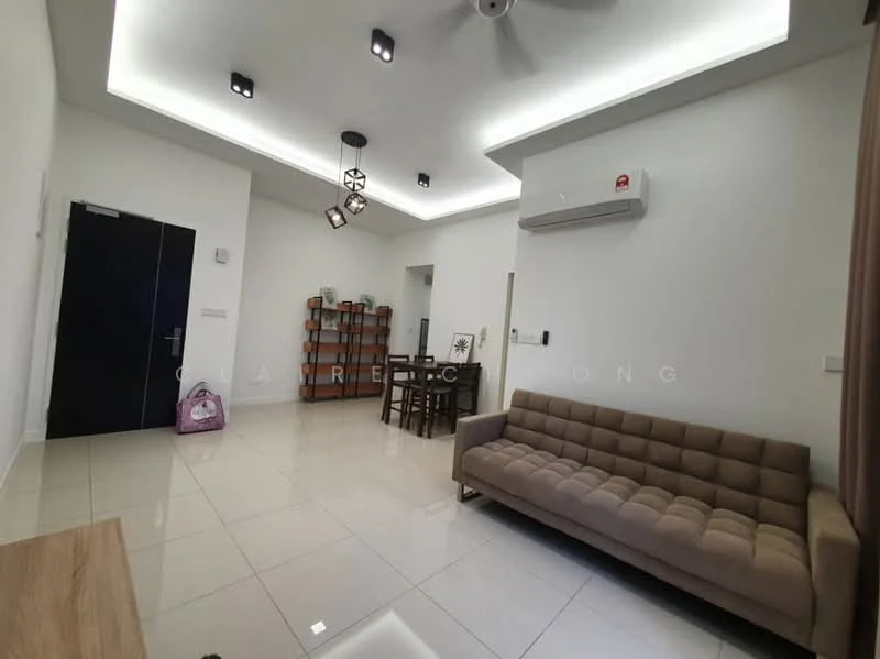 Living features: cream painted walls, white ceiling with recessed lighting, 5-blade ceiling fan with light, large floor tiles, brown fabric sofa, wooden coffee table, dining table with chairs, wall-mounted air conditioning unit, decorative pendant light, open layout, doorway leading to other rooms; style: modern.