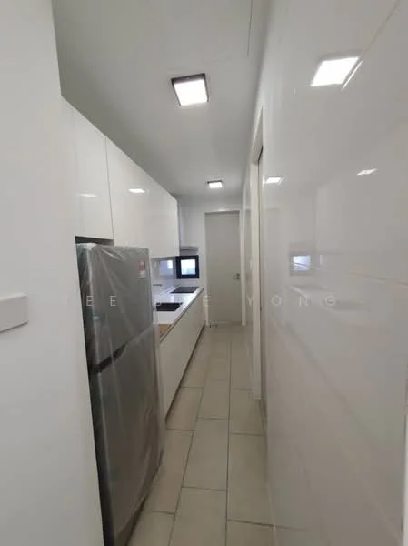 Kitchen features: white cabinetry, stainless-steel fridge, built-in oven, ceramic tile flooring, white tiled walls, recessed LED downlights, single-bowl stainless-steel sink, black countertop, kitchen island, open layout; style: modern.
