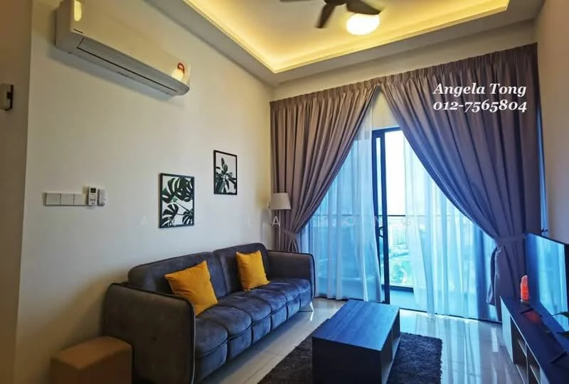 Living features: 3-seater fabric sofa in grey, yellow accent cushions, wood coffee table, wall-mounted TV, floor-to-ceiling windows, sheer curtains, recessed downlights, ceiling fan, air conditioning unit, framed artwork on walls; style: modern; view: city.