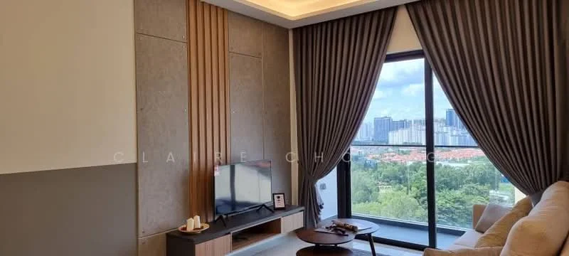 Living features: floor-to-ceiling windows, grey accent wall, wood paneling, sofa in cream, coffee table, TV console, wall-mounted TV, recessed downlights, curtains with vertical stripes, decorative items on console; style: modern; view: city.