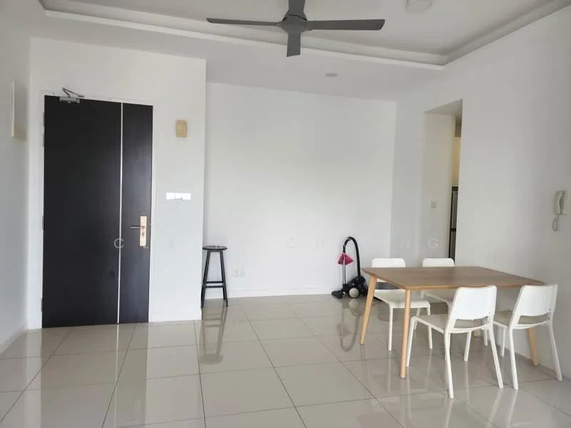 Dining features: white painted walls, glossy tile flooring, 5-blade ceiling fan, dining table with wooden legs, 4 white plastic dining chairs, black front door, bar stool, wall-mounted intercom, door frame with no visible decorations; style: modern.