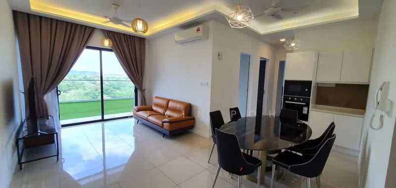 Living features: 3-seater brown leather sofa, round dining table, black dining chairs, floor-to-ceiling sliding glass door, curtains in light brown, recessed ceiling lights, ceiling fan with light, wall-mounted TV, white walls, glossy tile flooring; style: modern; view: garden.