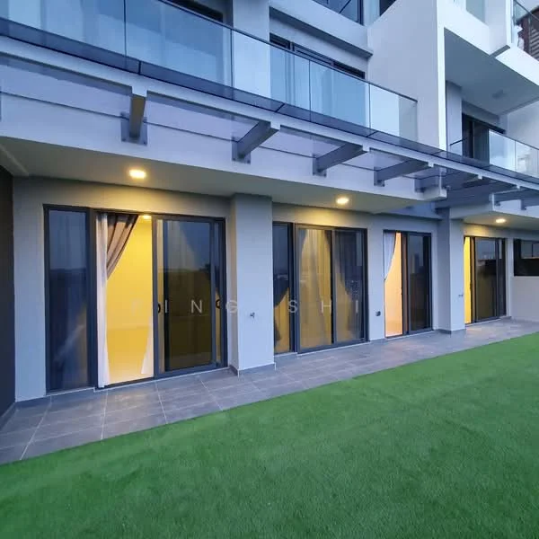 Exterior type: low-rise apartment block; features: glass sliding doors, balconies with railings, grey tiled flooring, manicured lawn, outdoor lighting, modern architectural design, overhangs for shade; style: modern.