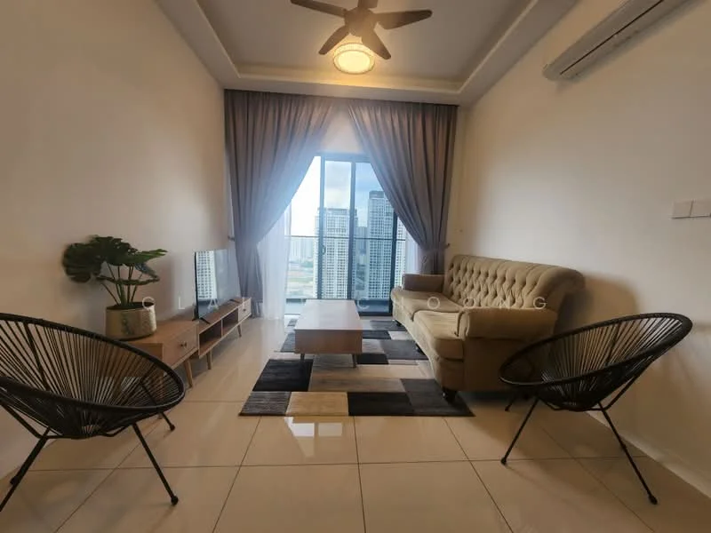 Living features: cream painted walls, tray ceiling, 5-blade ceiling fan with light, large floor-to-ceiling windows, grey fabric sofa, wooden coffee table, TV console, wall-mounted TV, black accent chairs, area rug with geometric pattern, potted plant; style: modern; view: city.