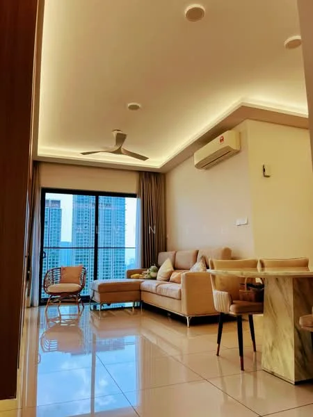 Living features: 3-seater fabric sofa in beige, wooden coffee table, floor-to-ceiling windows, city skyline view, recessed LED downlights, 5-blade ceiling fan, wall-mounted split AC, light-colored walls, glossy tile flooring, curtains, decorative chair; style: modern; view: city.