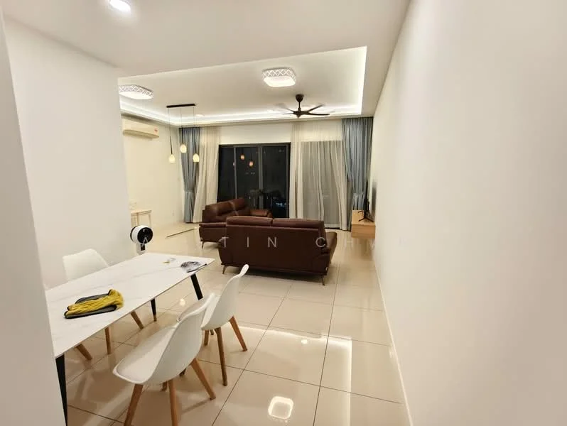 Living features: 3-seater brown leather sofa, white coffee table, TV console, wall-mounted TV, floor-to-ceiling windows with sheer curtains, recessed downlights, ceiling fan with light, cream painted walls, glossy tile flooring, area rug, decorative wall art; style: modern; view: city. Dining features: white dining table, 4 white dining chairs, decorative centerpiece, pendant lighting above table; style: modern.