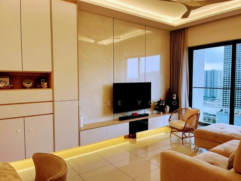 Living features: cream painted walls, glossy tile flooring, recessed ceiling lights, wall-mounted TV, built-in cabinetry with light wood finish, large windows with city view, beige sofa, decorative wall paneling, LED strip lighting, coffee table, decorative items on shelves; style: modern; view: city.