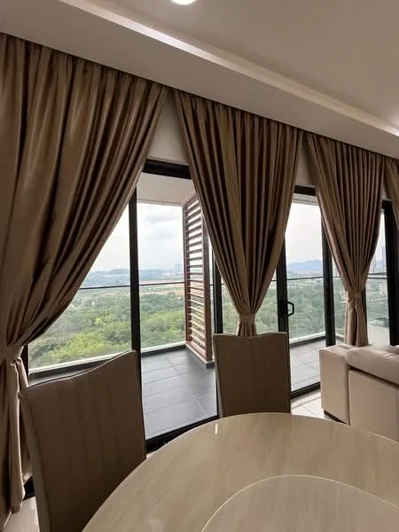 Dining features: round dining table, upholstered dining chairs, floor-to-ceiling windows, sheer curtains, curtains in beige, view of greenery, light-colored flooring, decorative wall paneling; style: modern; view: garden.