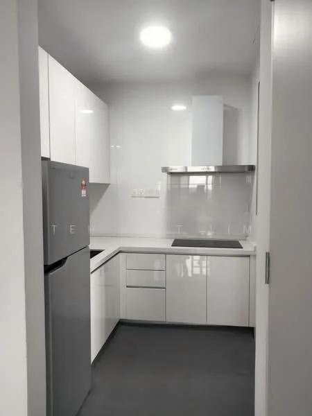 Kitchen features: white cabinetry, stainless-steel fridge, built-in oven, induction cooktop, stainless-steel range hood, white countertop, grey tile flooring, recessed LED downlights, splashback with glossy finish; style: modern.