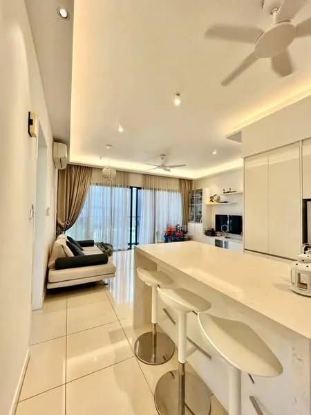 Kitchen features: white cabinetry, marble countertop, stainless-steel sink, chrome pull-down faucet, built-in oven, freestanding range oven, refrigerator, pendant lighting, 5-blade ceiling fan, tile flooring, open shelving, bar stools, floor-to-ceiling windows, curtains, sofa, TV console; style: modern; view: city.