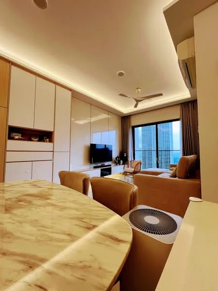 Living features: sofa in beige, coffee table, wall-mounted TV, built-in cabinetry, floor-to-ceiling windows, curtains, ceiling fan, recessed lighting, marble dining table, air conditioning unit; style: modern; view: city. Dining features: marble dining table, upholstered dining chairs, built-in cabinetry; style: modern; view: city.