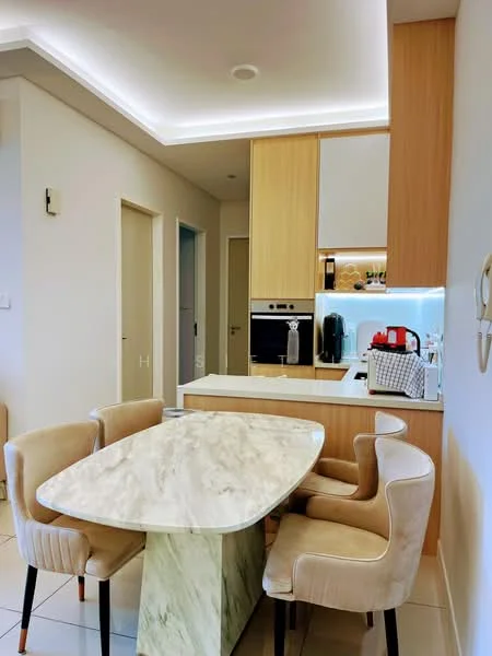 Dining features: marble dining table, 4 upholstered dining chairs in beige, wood cabinetry, built-in oven, stainless-steel fridge, countertop with under-cabinet lighting, white walls, recessed ceiling lights, tile flooring; style: modern. Kitchen features: wood cabinetry, built-in oven, stainless-steel fridge, countertop with under-cabinet lighting, white walls, recessed ceiling lights; style: modern.