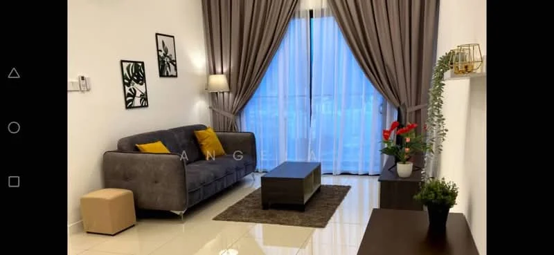 Living features: 3-seater fabric sofa in grey, coffee table, area rug with geometric pattern, floor-to-ceiling windows, sheer curtains, decorative plant in ceramic pot, framed artwork, wall-mounted light fixture, laminate flooring, wall-mounted TV console; style: modern.