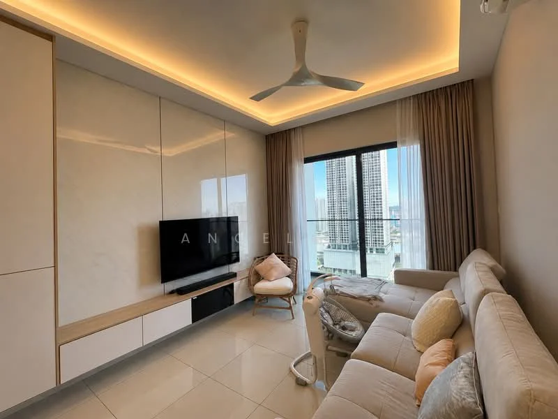Living features: light-coloured sectional sofa, flat-screen TV mounted on wall, built-in cabinetry with light wood finish, recessed lighting, tray ceiling with LED strip lighting, floor-to-ceiling windows, sheer curtains, city view, ceramic tile flooring, decorative cushions; style: modern; view: city.