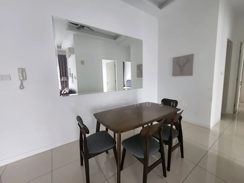 Dining features: dining table with four chairs, white painted walls, tile flooring, mirror on wall, ceiling fan, decorative wall art, doorway leading to hallway, doorway leading to another room; style: modern.