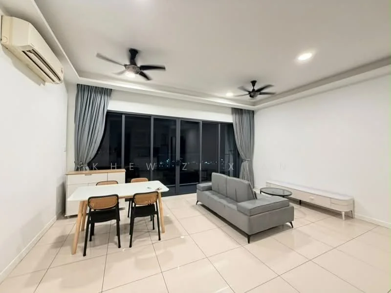 Living features: 2-seater fabric sofa in grey, coffee table, 6-seater dining table, 4 dining chairs, floor-to-ceiling windows, curtains, 2 ceiling fans, wall-mounted split AC, tile flooring, white painted walls, recessed downlights; style: modern; view: city.
