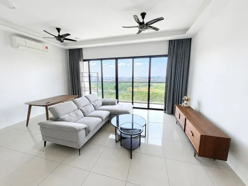 Living features: 5-blade ceiling fan with light, 3-seater fabric sofa in light grey, round glass coffee table, wooden sideboard, floor-to-ceiling windows, grey curtains, white painted walls, glossy tile flooring, air conditioning unit on wall, wooden dining table; style: modern; view: garden.