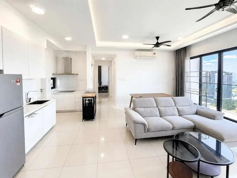 Living features: grey fabric L-shape sectional sofa, round glass coffee table, white painted walls, white ceiling with recessed downlights, floor-to-ceiling windows, sliding glass door, marble tile flooring, wall-mounted split AC, ceiling fan with light; style: modern; view: city. Kitchen features: white cabinetry, stainless-steel fridge, built-in oven, 4-burner gas hob, single-bowl stainless-steel sink, chrome pull-down faucet, black kitchen island, white quartz countertop; style: modern.