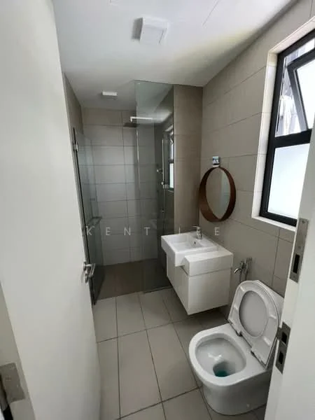 Bathroom features: glass shower enclosure, single-sink vanity with white cabinet, round mirror, one-piece toilet, grey tiled walls, light grey tiled flooring, window with black frame, recessed ceiling lights; style: modern.