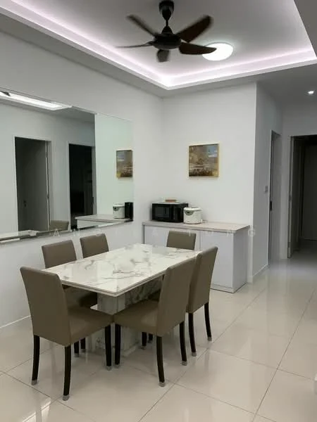 Dining features: marble dining table, 6 upholstered dining chairs in beige, recessed ceiling lights, ceiling fan with light, white painted walls, mirror on one wall, tile flooring, built-in cabinetry, microwave, kettle; style: modern.