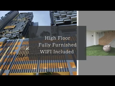 Exterior type: high-rise condominium; features: modern facade with horizontal slats, glass curtain wall, multiple balconies, landscaped entrance, interior garden area, elevated structure, visible signage, outdoor seating area; style: modern.