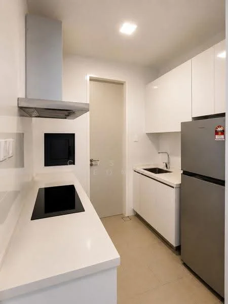 Kitchen features: white cabinetry, stainless-steel fridge, built-in oven, 4-zone induction hob, single-bowl stainless-steel sink, chrome pull-down faucet, white quartz countertop, exhaust hood, tile flooring, recessed LED downlights, plain white walls, door to hallway; style: modern.