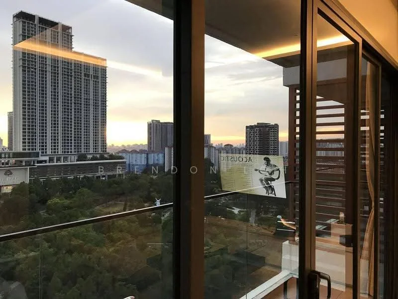 Room features: floor-to-ceiling windows, glass balcony railing, sliding glass door, city skyline view, wooden flooring, modern lighting, open space, outdoor balcony; style: modern; view: city.