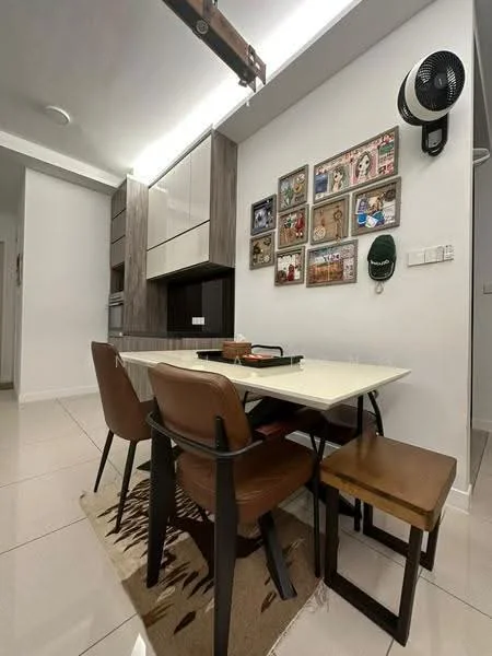 Dining features: white dining table, 4 dining chairs, wooden chair legs, area rug with animal print, wall-mounted fan, framed wall art, grey cabinetry, stainless-steel appliances visible in background, recessed lighting, white tiled flooring, open shelving, decorative items on shelves; style: modern.