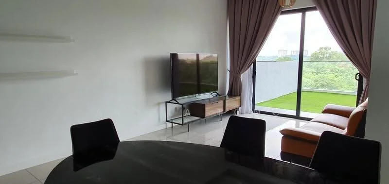 Living features: floor-to-ceiling windows, sliding glass door, curtains, TV on stand, black metal TV console, orange leather sofa, coffee table, white painted walls, tile flooring, green view from window; style: modern; view: garden. Dining features: round dining table, black dining chairs; style: modern.