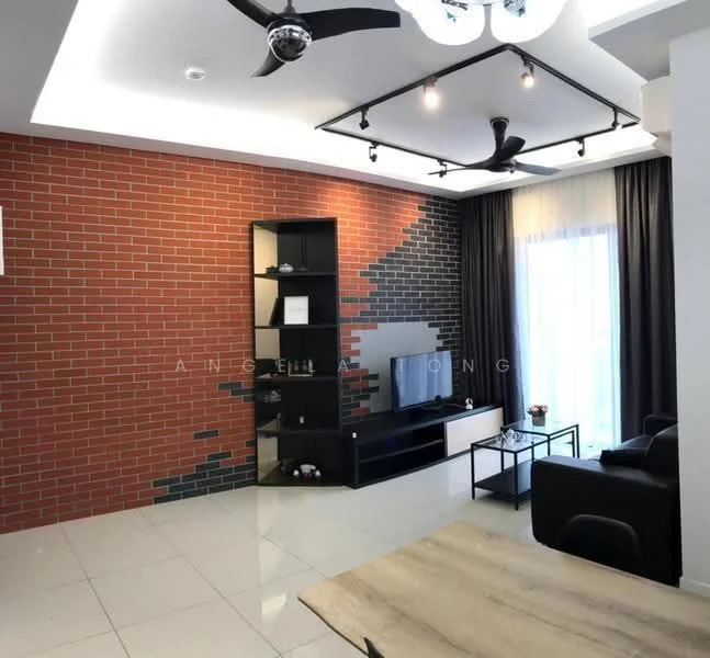 Living features: exposed brick accent wall in red and black, white painted walls, glossy tile flooring, 5-blade ceiling fan with light, recessed downlights, black TV console, wall-mounted TV, black sofa, sheer curtains, blackout curtains, decorative ceiling with integrated lighting, area rug; style: modern.