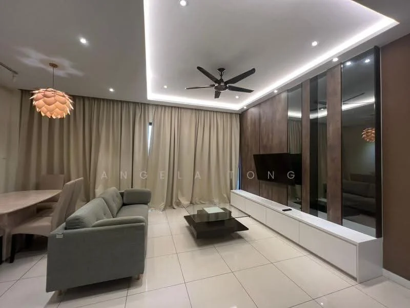 Living features: 3-seater fabric sofa in grey, coffee table, wall-mounted TV, TV console, pendant lamp, 5-blade ceiling fan, recessed LED downlights, cream curtains, white wall with wood paneling, glossy white cabinetry, tile flooring; style: modern.