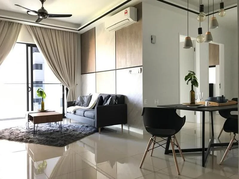 Living features: 3-seater fabric sofa in grey, coffee table with wooden top, area rug with geometric pattern, floor-to-ceiling windows, curtains in light fabric, ceiling fan with light, wall-mounted split AC, decorative plant in ceramic pot, wall-mounted artwork, recessed downlights, polished tile flooring; style: modern. Dining features: 4-seater dining table, black dining chairs, glass tabletop, minimalist decor, wall-mounted mirror, pendant lighting, polished tile flooring; style: modern.