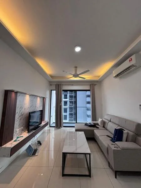 Living features: 3-seater fabric sofa in light grey, coffee table with white top and black legs, wall-mounted TV, TV console with marble surface, recessed downlights, 5-blade ceiling fan with light, floor-to-ceiling windows, sheer curtains, air conditioning unit, light-coloured tiled flooring, decorative wall with marble finish, neutral painted walls; style: modern; view: city.