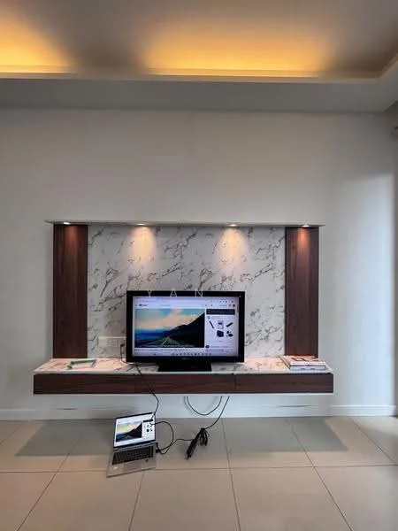 Living features: wall-mounted TV, marble feature wall, wooden cabinetry, recessed lighting, light-colored walls, neutral tile flooring, decorative shelf, cable management system; style: modern.