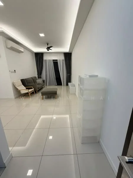 Living features: white painted walls, glossy tile flooring, 5-blade ceiling fan with light, sofa in grey fabric, ottoman, floor-to-ceiling windows, sheer curtains, recessed LED downlights, decorative wall paneling, air conditioning unit; style: modern.