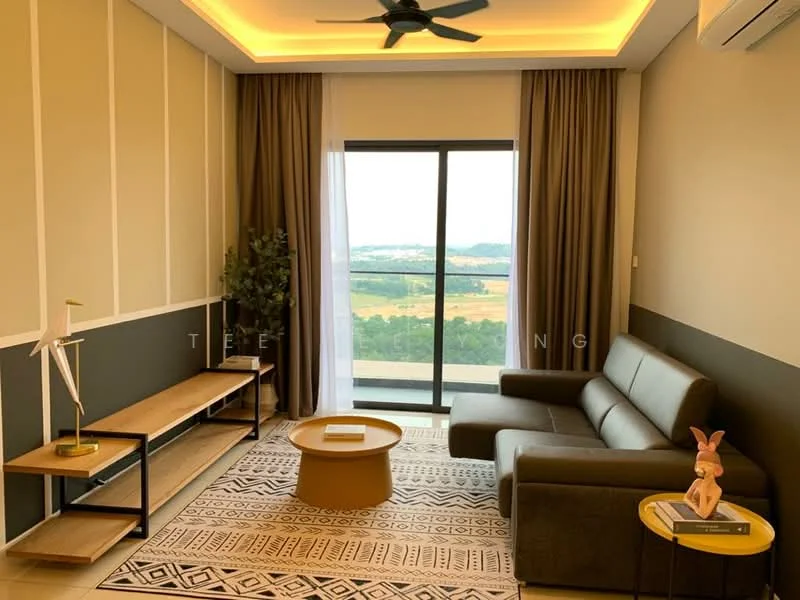 Living features: grey fabric sofa, round wooden coffee table, TV console with open shelving, area rug with geometric pattern, floor-to-ceiling windows, curtains in beige, ceiling fan with light, wall-mounted air conditioning unit, decorative plant, decorative figurine on table; style: modern; view: garden.