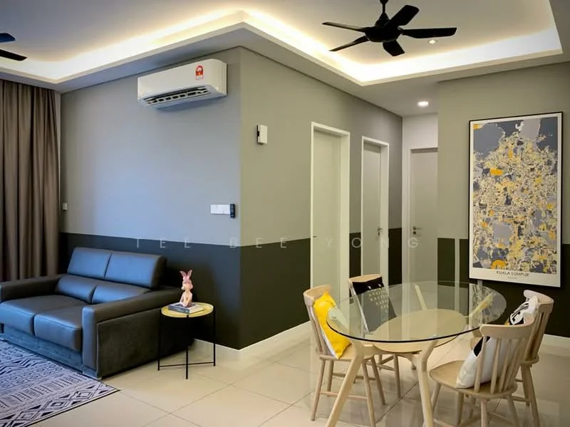 Living features: grey fabric sofa, round glass dining table, 4 wooden dining chairs, white walls, grey accent wall, recessed ceiling lights, ceiling fan, wall-mounted split AC, tile flooring, decorative wall art, curtains, area rug; style: modern.