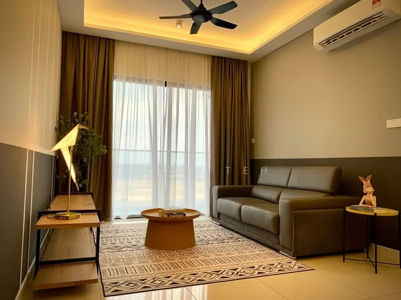 Living features: 3-seater fabric sofa in grey, coffee table, area rug with geometric pattern, floor-to-ceiling windows, sheer curtains, recessed downlights, ceiling fan, wooden side table, decorative plant, wall-mounted air conditioning unit; style: modern; view: city.