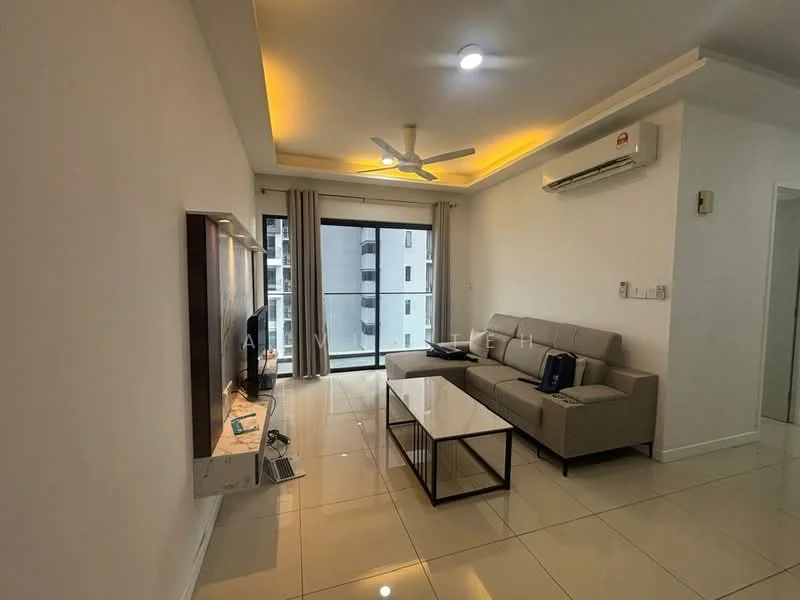 Living features: grey fabric sofa, coffee table with wooden legs, wall-mounted TV, TV console, floor-to-ceiling windows, curtains, recessed downlights, 5-blade ceiling fan with light, air conditioning unit, glossy tile flooring, neutral painted walls, decorative wall paneling; style: modern; view: city.