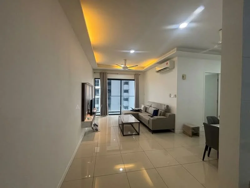 Living features: white painted walls, glossy ceramic tile flooring, tray ceiling with recessed lighting, 5-blade ceiling fan with light, sofa in light grey fabric, glass coffee table, wall-mounted TV, TV console, floor-to-ceiling windows, sliding glass door, sheer curtains, air conditioning unit; style: modern; view: city.